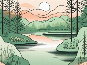 A serene landscape featuring elements like a calm lake