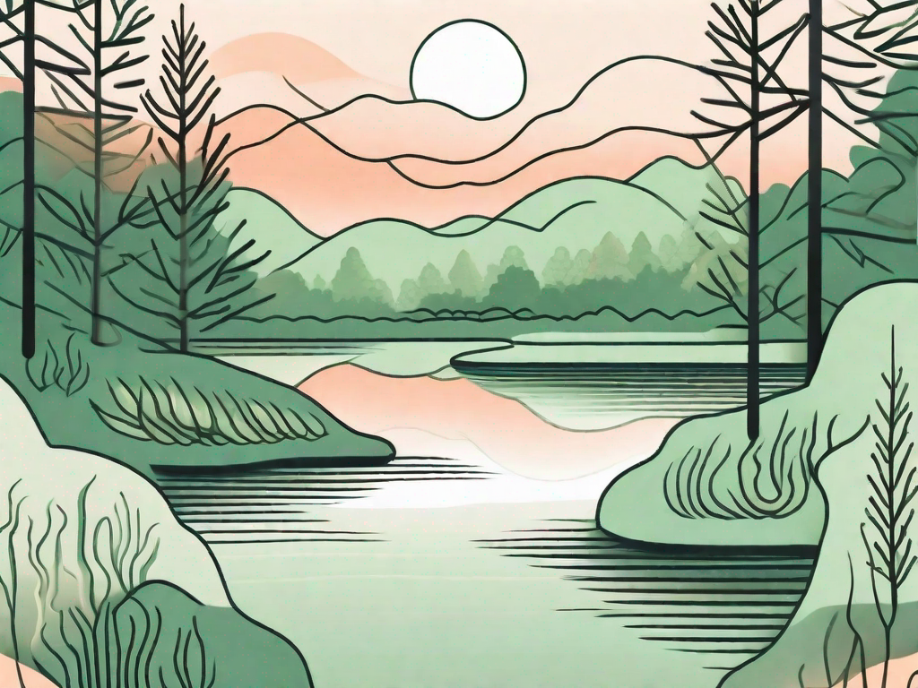 A serene landscape featuring elements like a calm lake