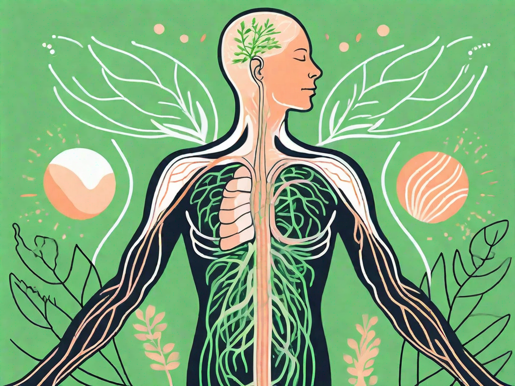 The vagus nerve in a human body with different healing elements like herbs