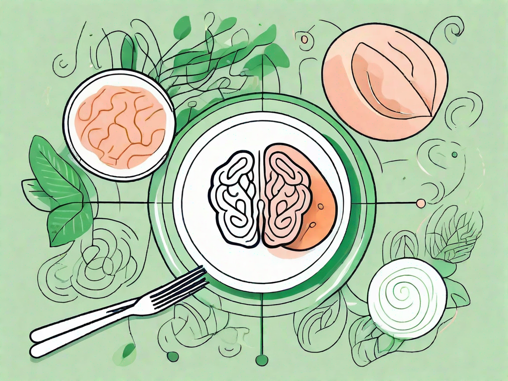 A healthy plate of food with a stylized vagus nerve symbolically connecting it to a healthy brain