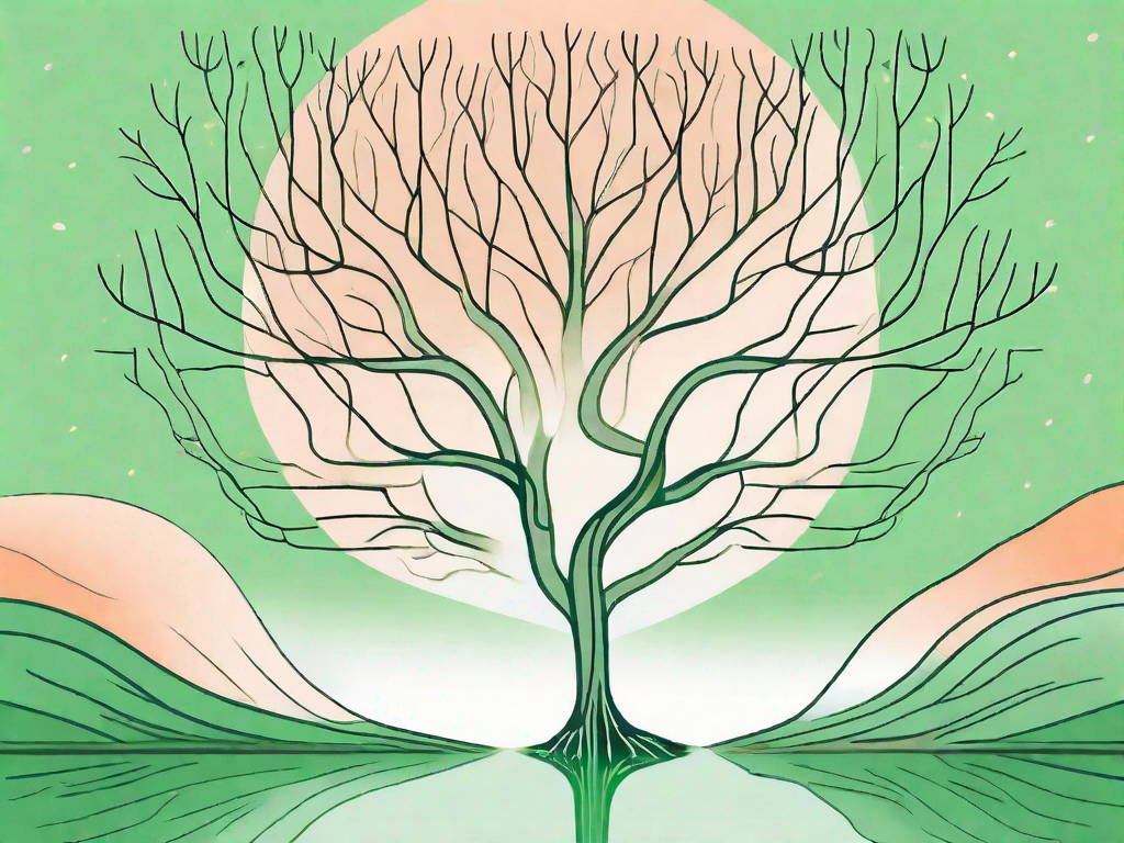 A peaceful landscape with a highlighted path leading to a symbolic representation of the vagus nerve