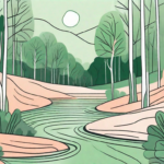 A serene landscape featuring a peaceful river flowing through a tranquil forest