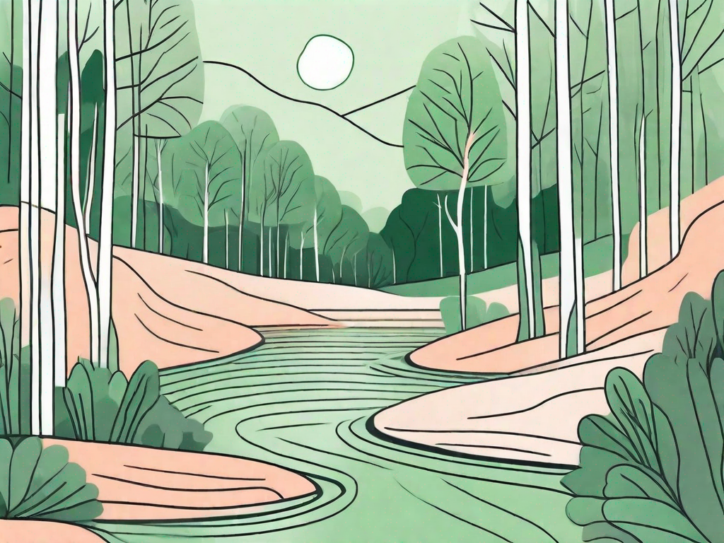 A serene landscape featuring a peaceful river flowing through a tranquil forest