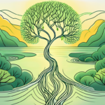 A serene natural landscape with a symbolic representation of the vagus nerve as a glowing pathway