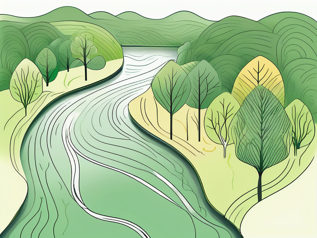 A serene landscape with a symbolic representation of the vagus nerve as a calming river flowing through it