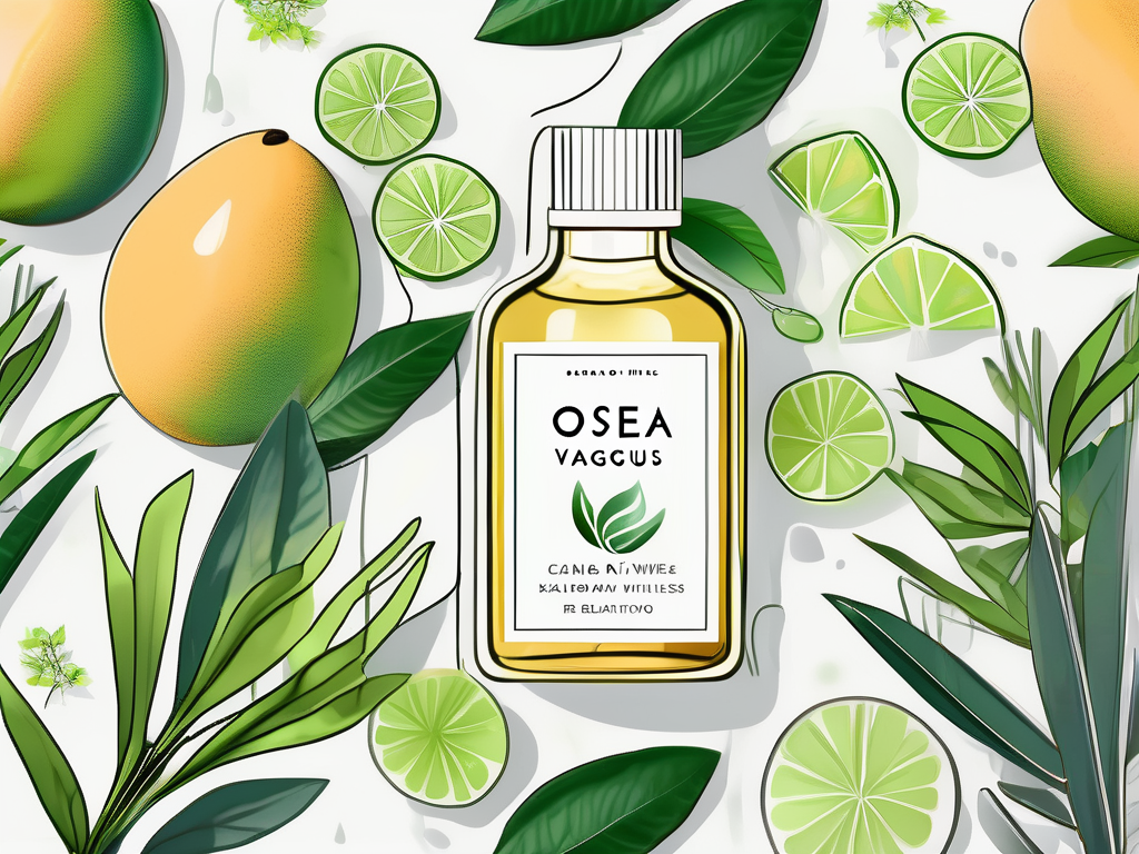A bottle of osea vagus nerve oil surrounded by elements related to relaxation and wellness