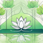 A serene landscape with a yoga mat in the foreground and elements like a lotus flower and a symbolic representation of the vagus nerve