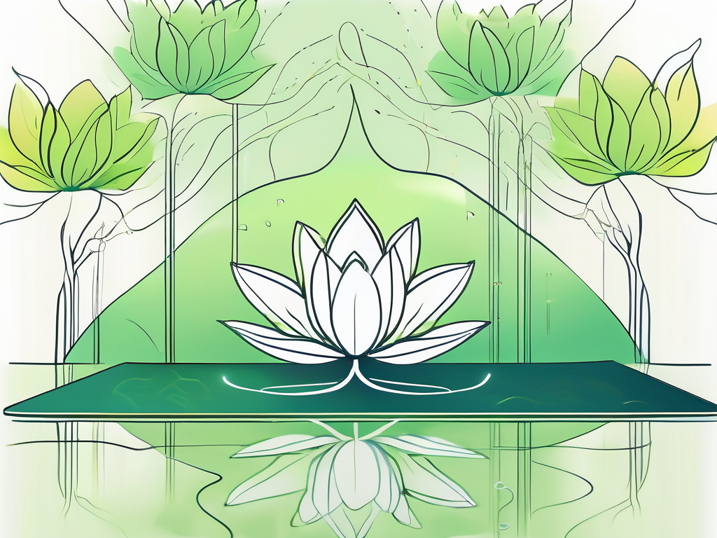 A serene landscape with a yoga mat in the foreground and elements like a lotus flower and a symbolic representation of the vagus nerve