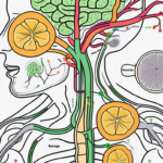 The human digestive system with the vagus nerve highlighted