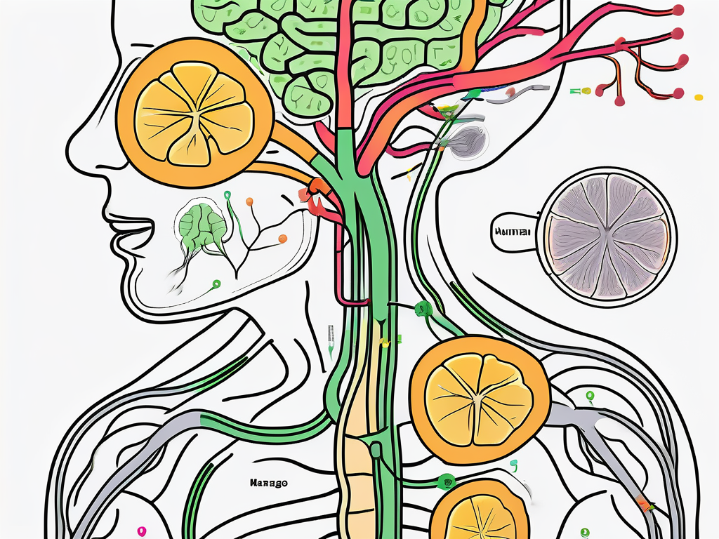 The human digestive system with the vagus nerve highlighted