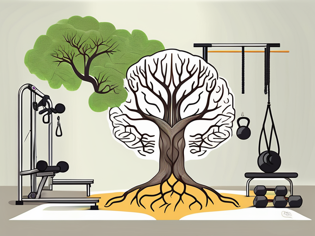 A peaceful nature scene featuring a brain-shaped tree with roots symbolizing the vagus nerve stretching down into the earth