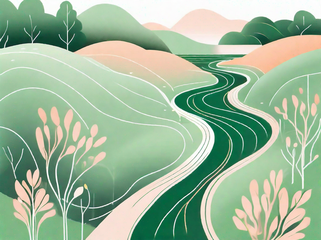 A serene landscape with a symbolic representation of the vagus nerve as a winding path