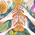 A pair of hands applying a massage to a stylized