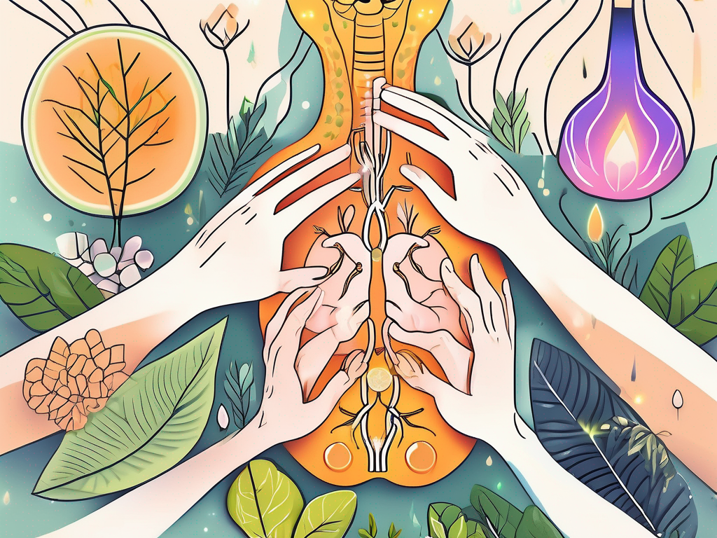 A pair of hands applying a massage to a stylized