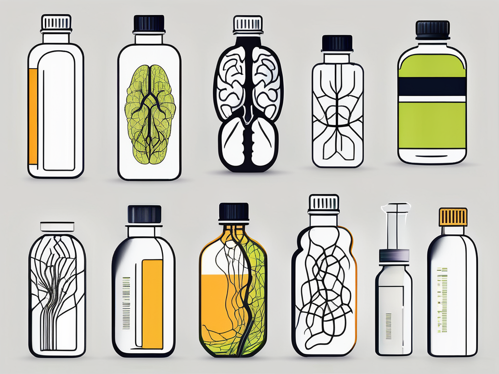 A variety of supplement bottles with elements like a brain and a nerve network to signify the nervous system health