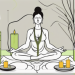 A peaceful yoga mat surrounded by calming elements like candles and incense