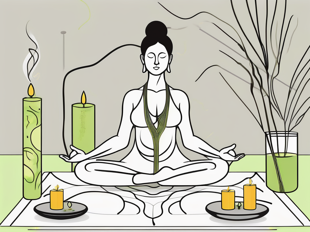 A peaceful yoga mat surrounded by calming elements like candles and incense