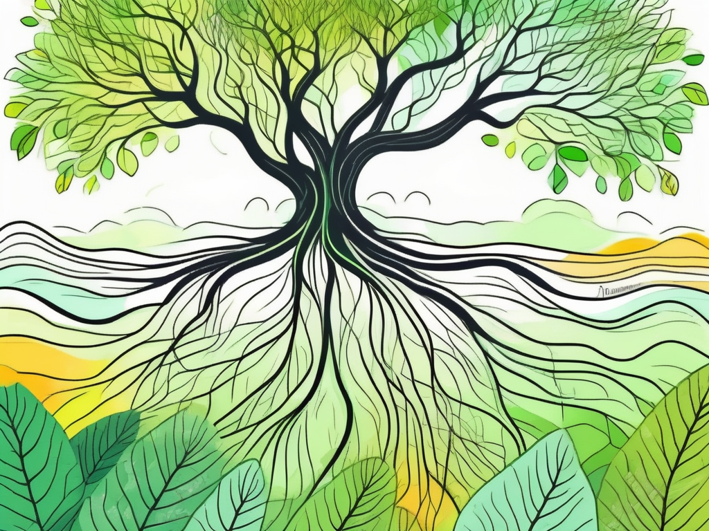 A serene landscape with a prominent tree symbolizing the vagus nerve