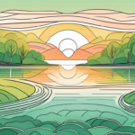A serene landscape featuring an eye-shaped lake reflecting the calming sunset