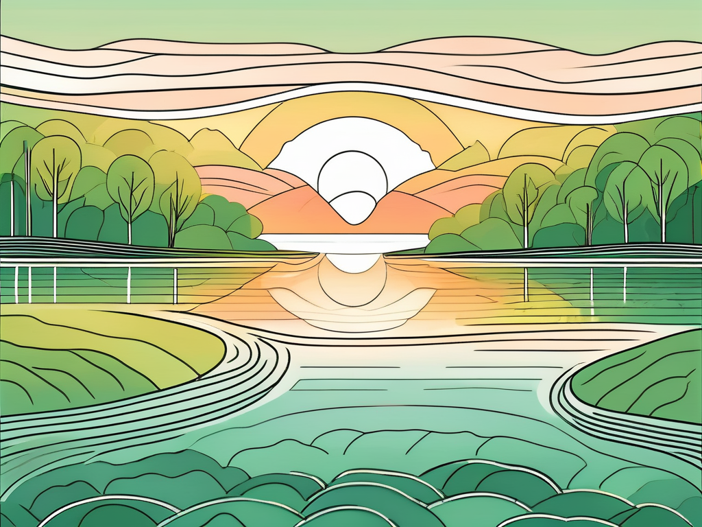 A serene landscape featuring an eye-shaped lake reflecting the calming sunset