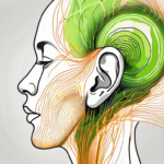 A detailed human ear with the vagus nerve pressure point highlighted and surrounded by abstract energy waves to signify its power