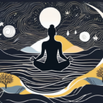 A peaceful nighttime setting with a silhouette of a person in a yoga pose