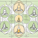 A serene yoga mat surrounded by ten different yoga postures represented through abstract symbols