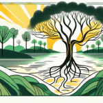 A serene natural landscape with a radiant sun