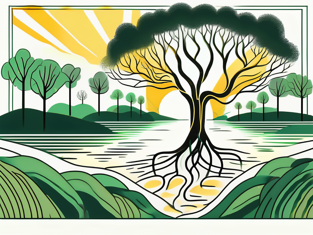 A serene natural landscape with a radiant sun