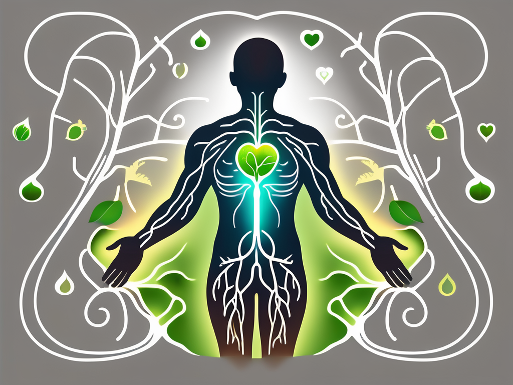 A healthy human body silhouette with a glowing line representing the vagus nerve