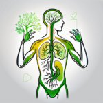 A healthy human body silhouette with the vagus nerve highlighted and various symbols like a heart
