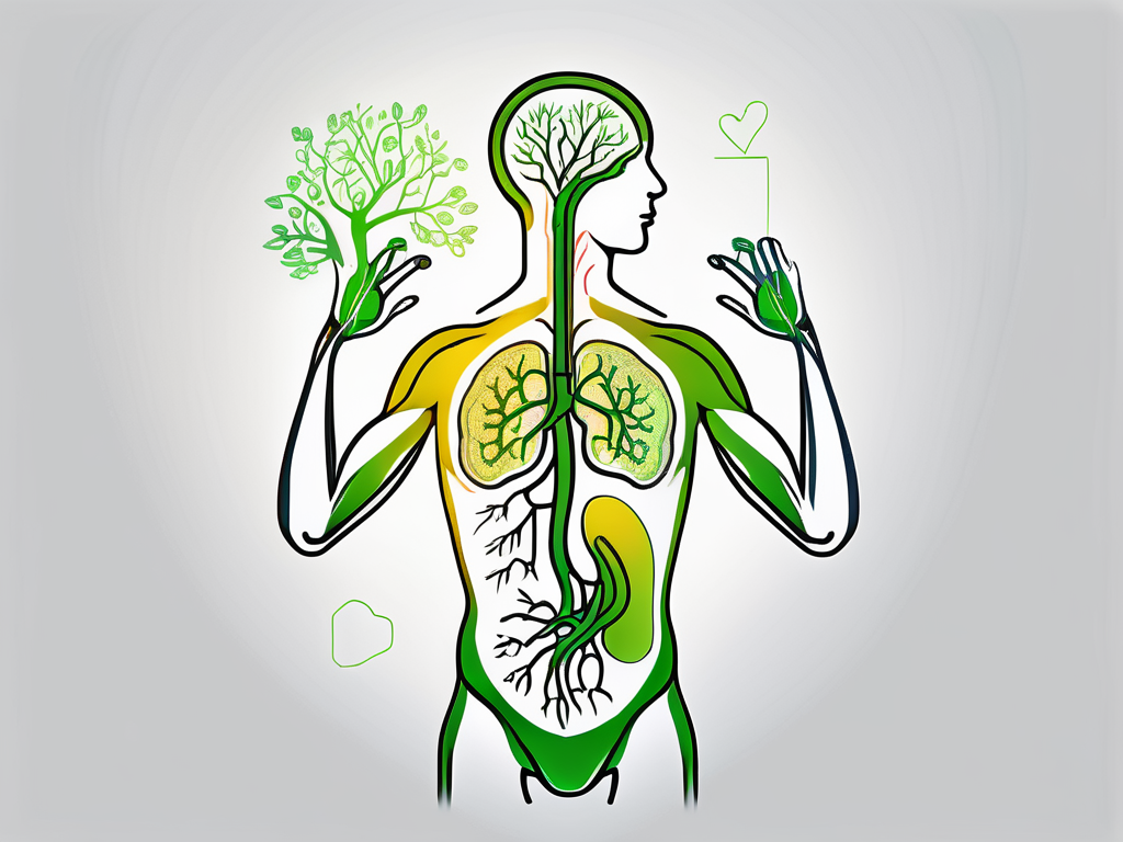 A healthy human body silhouette with the vagus nerve highlighted and various symbols like a heart