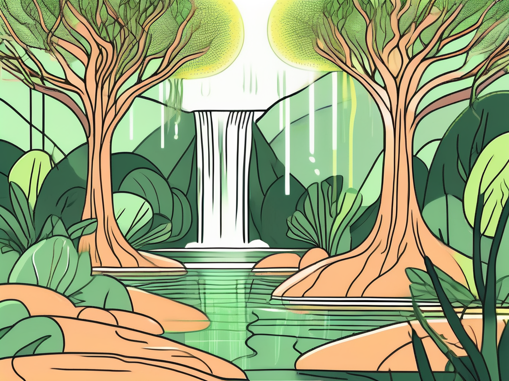 A serene landscape with a glowing nerve-like structure