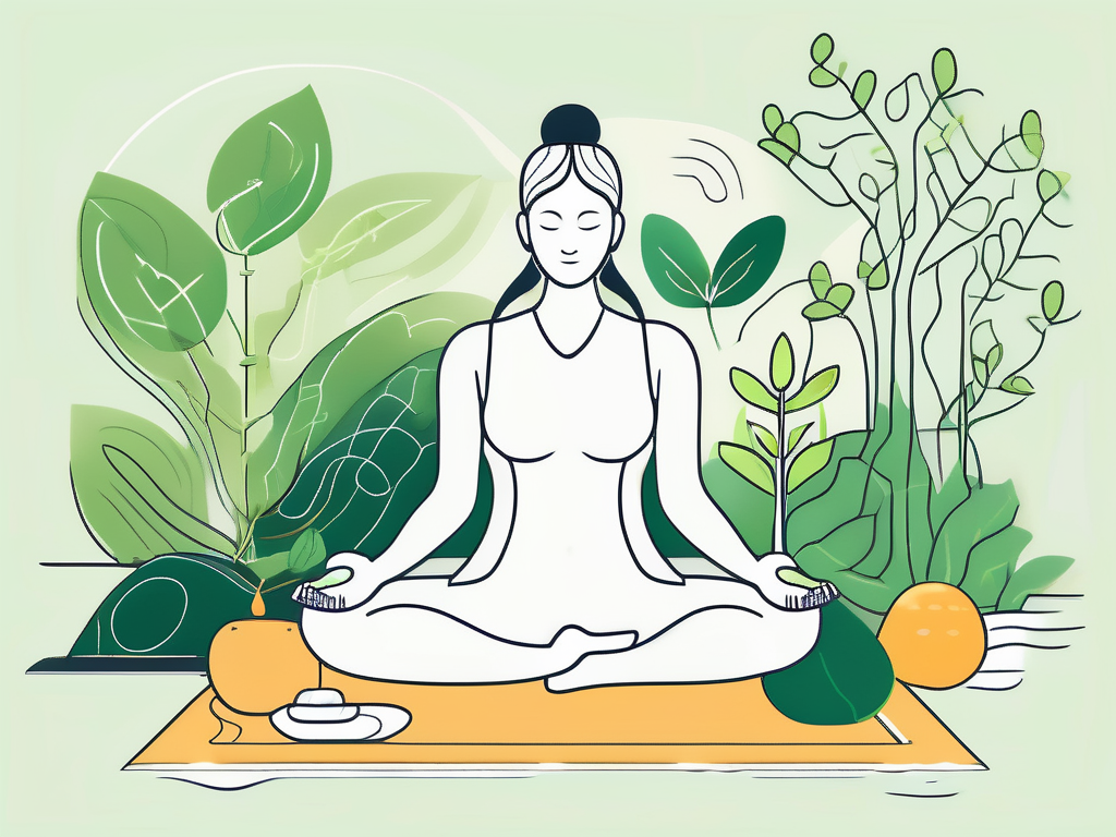 A serene landscape with symbols of wellness like a yoga mat