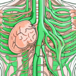 The human digestive system with the vagus nerve highlighted