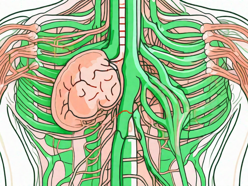 The human digestive system with the vagus nerve highlighted