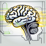 A brain with highlighted vagus nerve and electrical pulses emanating from a small device