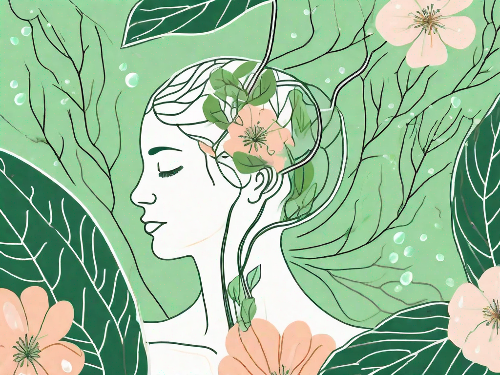 A healthy vagus nerve intertwined with various natural elements like leaves