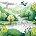 A serene nature landscape featuring elements like a forest