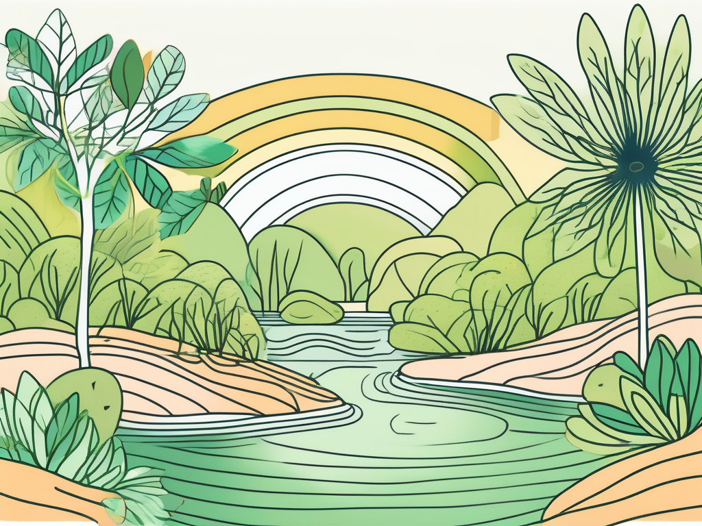 A serene natural landscape with elements symbolizing relaxation and wellness