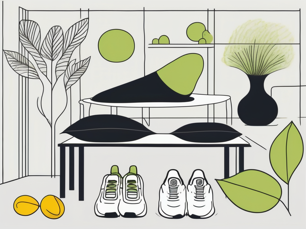 A serene landscape with various symbolic elements such as a yoga mat