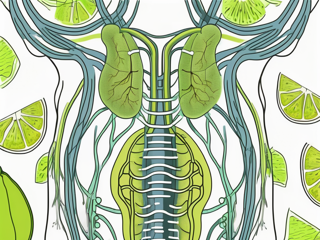 The human digestive system with the vagus nerve highlighted