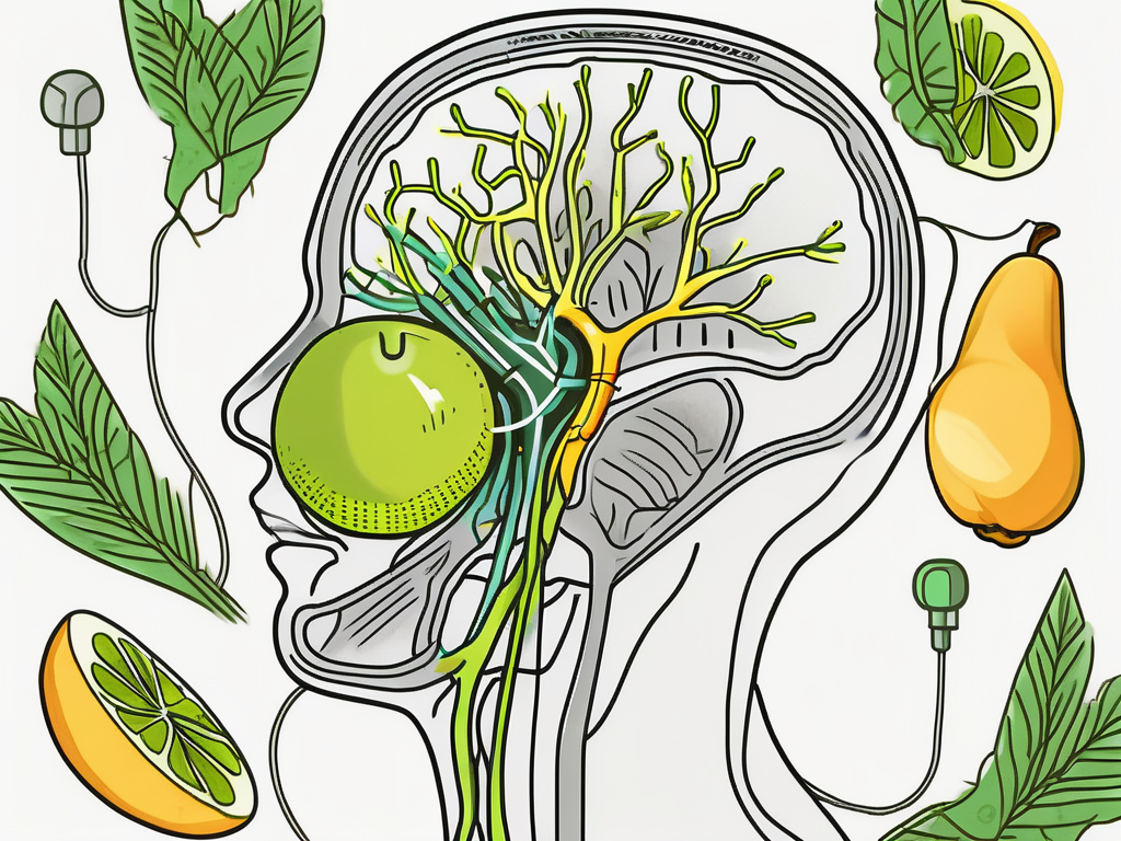 The alpha-stim device connected to the vagus nerve in a stylized