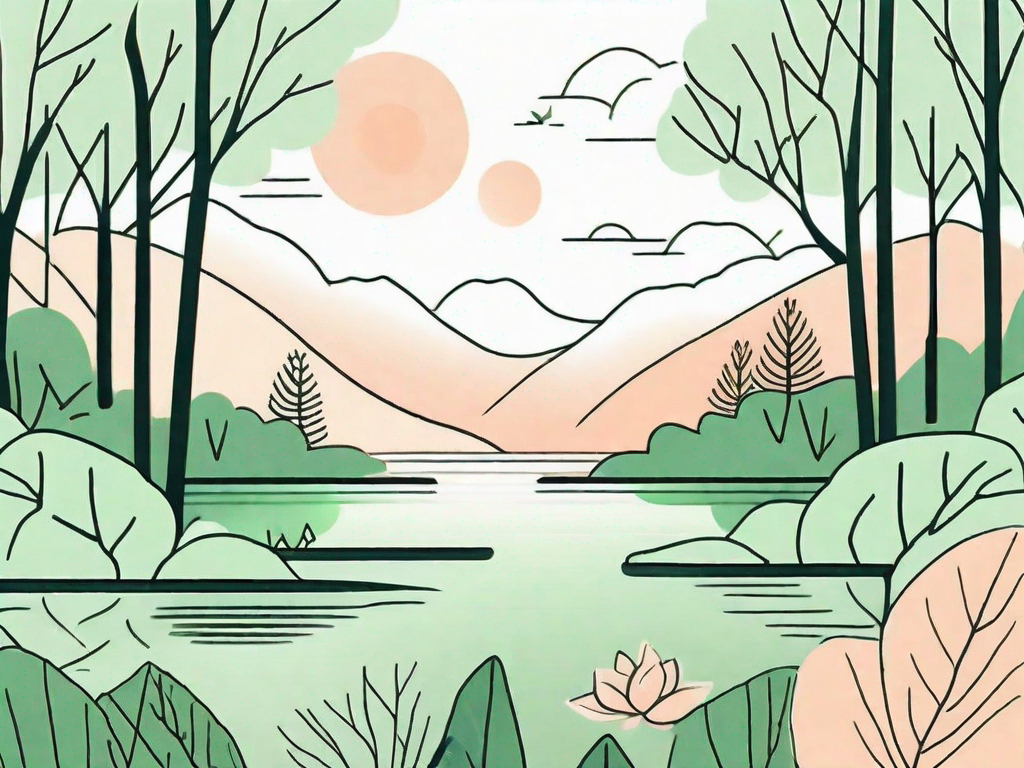 A serene landscape with elements like a peaceful forest or calm lake