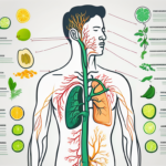 The human body highlighting the digestive system and the vagus nerve