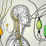 A vagus nerve stimulator device connected to a stylized representation of the human nervous system