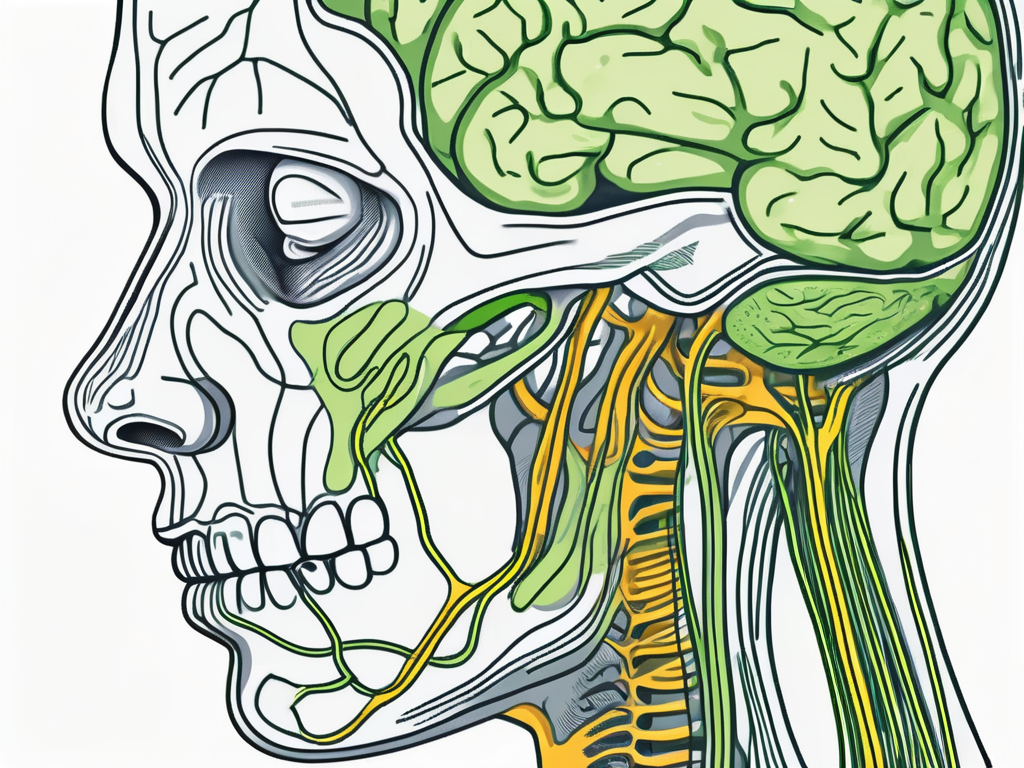 The vagus nerve extending from the brain and connecting to the temporomandibular joint (tmj)
