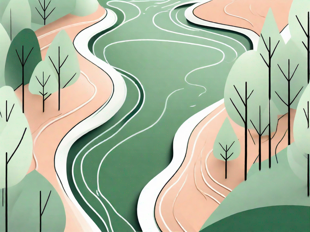 A serene landscape focusing on a tranquil river flowing through a forest