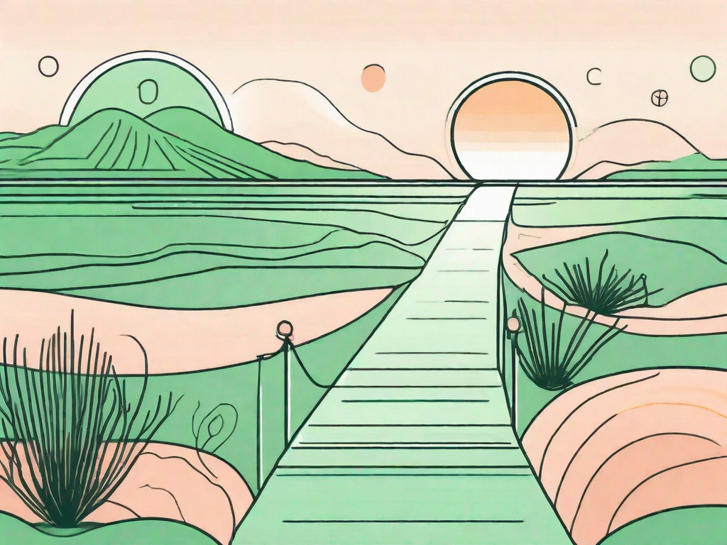 A serene landscape with a highlighted pathway representing the vagus nerve