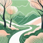 A serene landscape with a highlighted path leading from the brain to the stomach